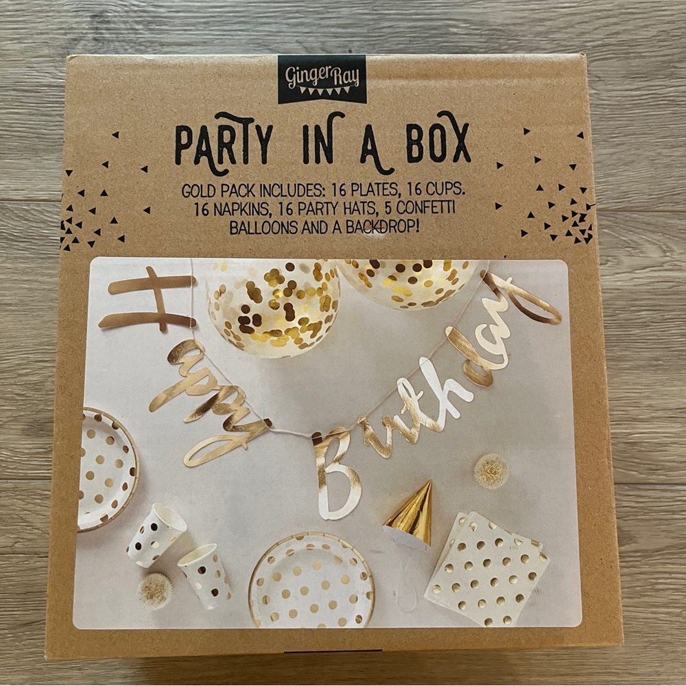 Party in a Box NEW paper plates cups napkins balloons hats confetti and backdrop